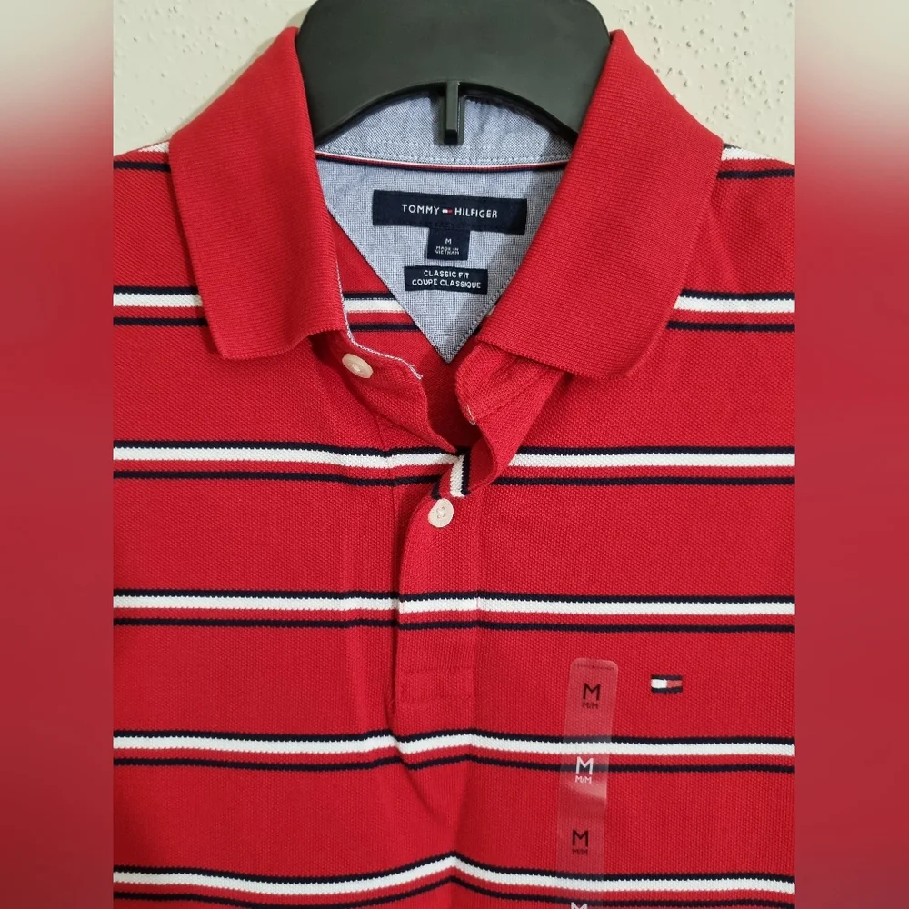 Tommy Hilfiger Men's, short sleeve polo shirt red, white and black stripe Size M - Picture 3 of 8